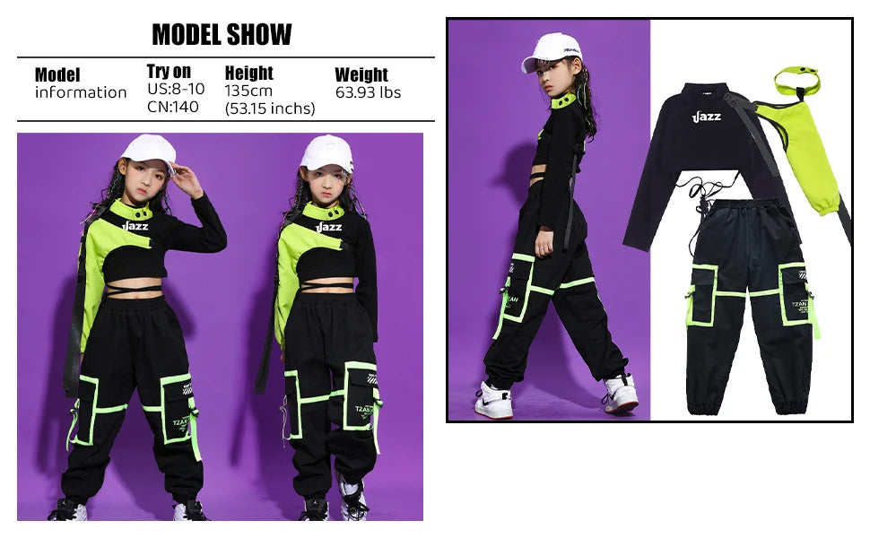 Girls Hip Hop Cargo Pants Dance Set with Crop Top and Decorative Sleeve, Three-Piece Colorblock Stage Outfit for Ages 4–16 by LOLANTA