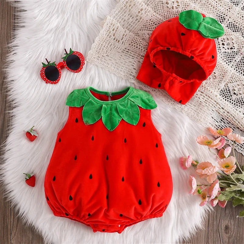 Baby Strawberry Costume with Hat, Red Fruit Romper with Green Leaf Trim for Infant Halloween Dress-Up, Berry-Themed Parties and Photo Sessions