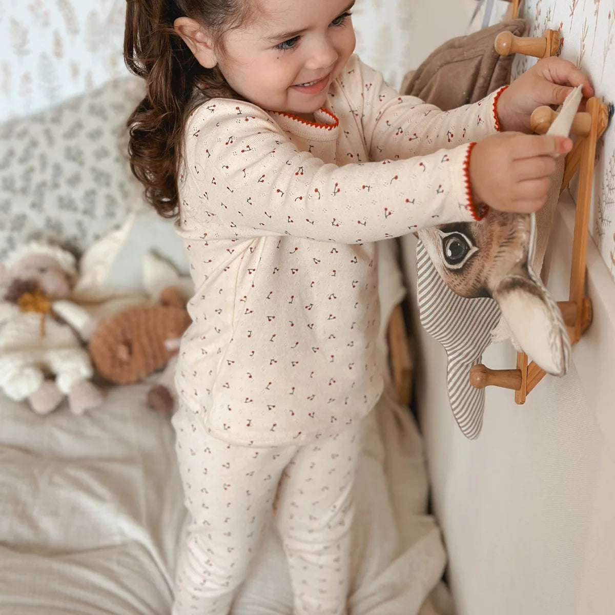 Cherry Print Girls Cotton Pajama Set, Cream Long Sleeve Top and Matching Pants with Red Picot Trim, Two-Piece Toddler Homewear, 1-6T