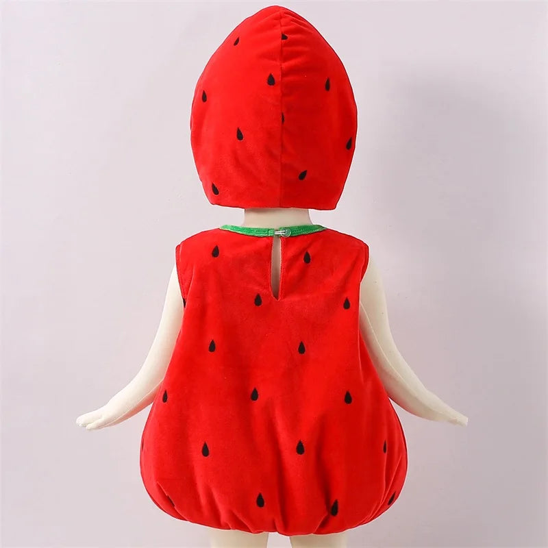Baby Strawberry Costume with Hat, Red Fruit Romper with Green Leaf Trim for Infant Halloween Dress-Up, Berry-Themed Parties and Photo Sessions