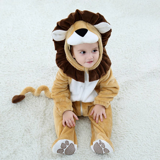 Baby Lion Costume Romper with Mane Hood and Paw-Print Feet, Flannel Animal Jumpsuit for Infants and Toddlers 3-36 Months, Halloween and Photos