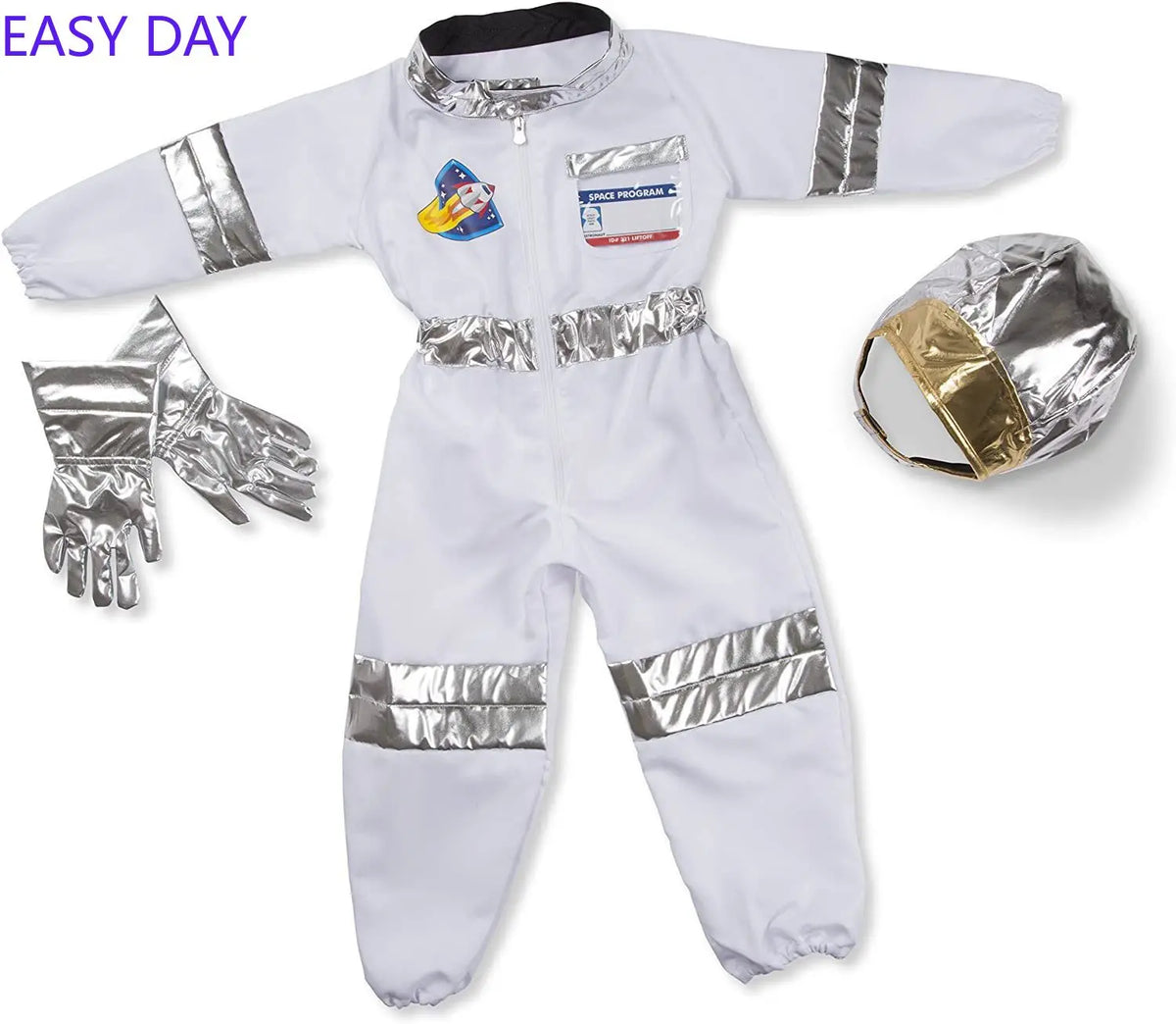 Space Explorer Costume for Kids with White Astronaut Jumpsuit, Space-Themed Patches and Metallic Trim Options for Halloween and Birthday Parties