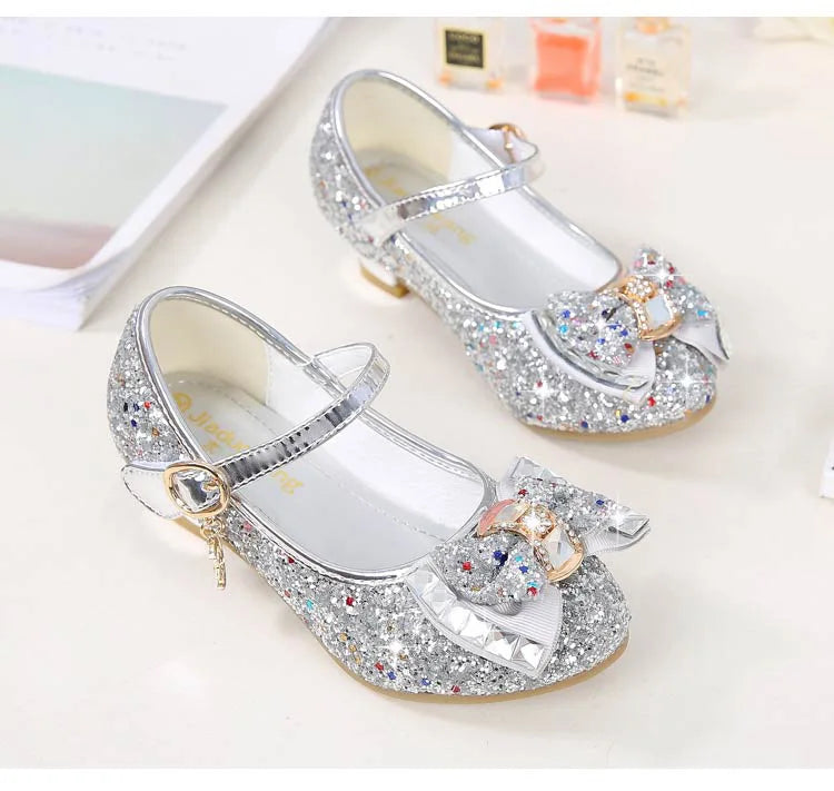 Bow-Accent Glitter Mary Jane Shoes for Girls with Buckled Strap and Block Heel, Sparkling Princess Dress Shoes for Parties and Weddings