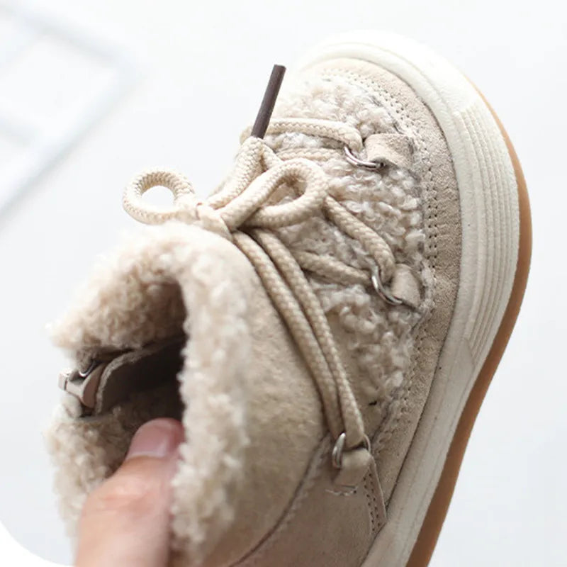 Toddler Plush Panel Lace-Up Boots with Rubber Soles and Cozy Cuffs, Beige, Black or Pink Winter Ankle Shoes for Boys and Girls, 12-15.5 cm Insoles