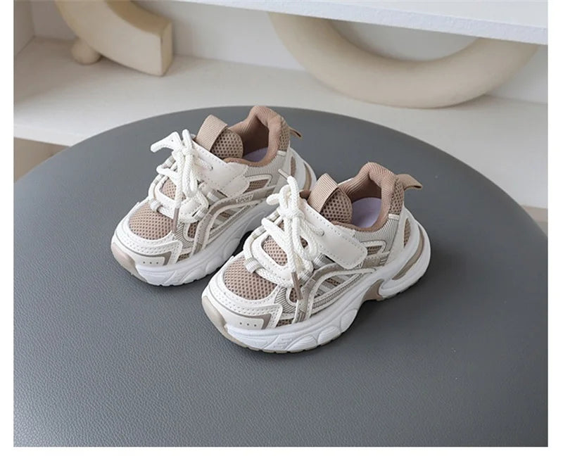 Children Mesh Sports Sneakers with Layered Panels, Lace and Strap Styling for Boys and Girls, Casual Spring and Fall Shoes in Red, Khaki or Black