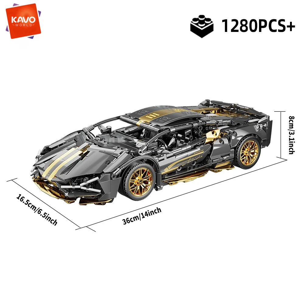 Supercar Building Set, 1280-Piece Black and Gold 1:14 Scale Sports Car Model with Adjustable Rear Wing and Opening Cockpit by KAVOWORLD
