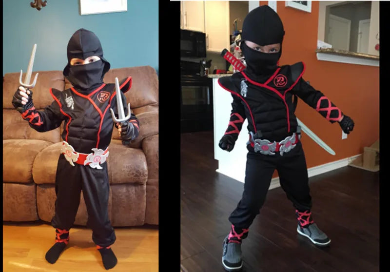 Kids Ninja Dress-Up Costume with Hooded Top, Pants and Toy Accessories, Polyester Halloween Party Outfit for Pretend Play, Sizes S-XL