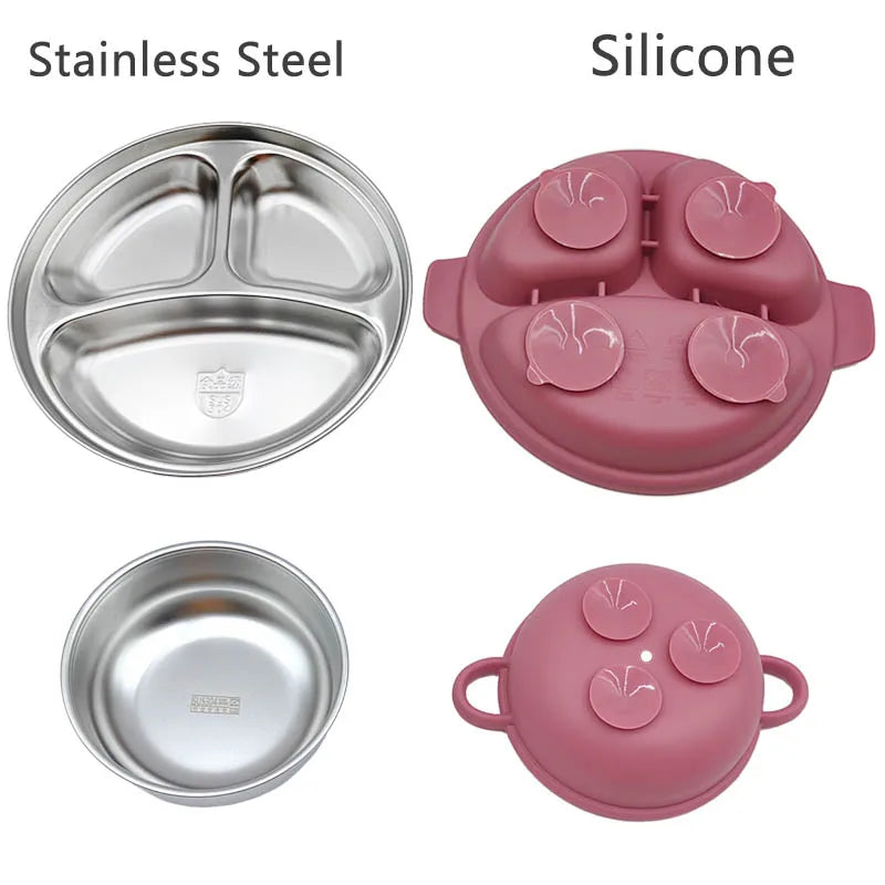Stainless Steel Baby Feeding Set, 4-Piece Tableware with Three-Section Suction Plate, Handled Bowl, Spoon and Fork in Four Colors