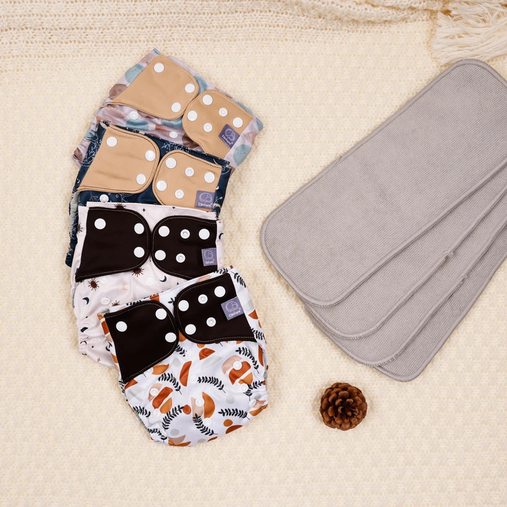 Mesh-Lined Cloth Diapers by Elinfant, 4-Pack Adjustable Pocket Baby Nappies with 4 Three-Layer Microfiber Inserts and Waterproof PUL Outer