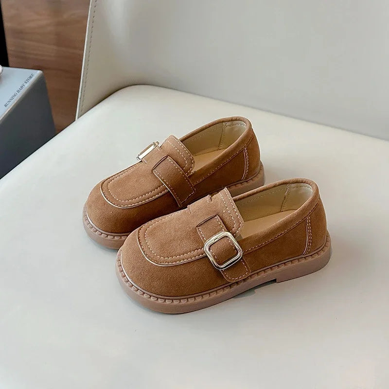 Girls Buckle Loafers with Rounded Toe and Stitched Detail, Brown or Khaki Casual Flats for School Outfits, Spring and Fall Days