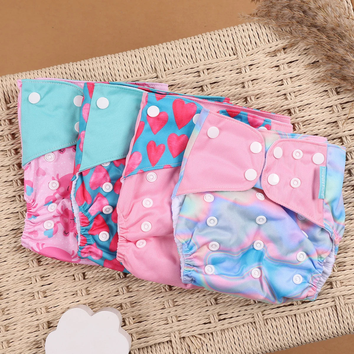 Pocket Cloth Diapers 4-Pack by Happyflute, Reusable Baby Nappies with Printed PUL Outer, Suede Cloth Lining and Snap Closures for 3–15 kg