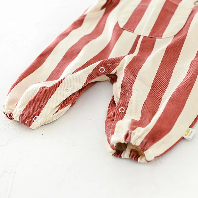 Baby Bear Patch Overalls with Red Stripe or Beige MINI Print, Button Shoulder Straps and Snap Legs, Loose-Fit Infant Jumpsuit for Boys and Girls