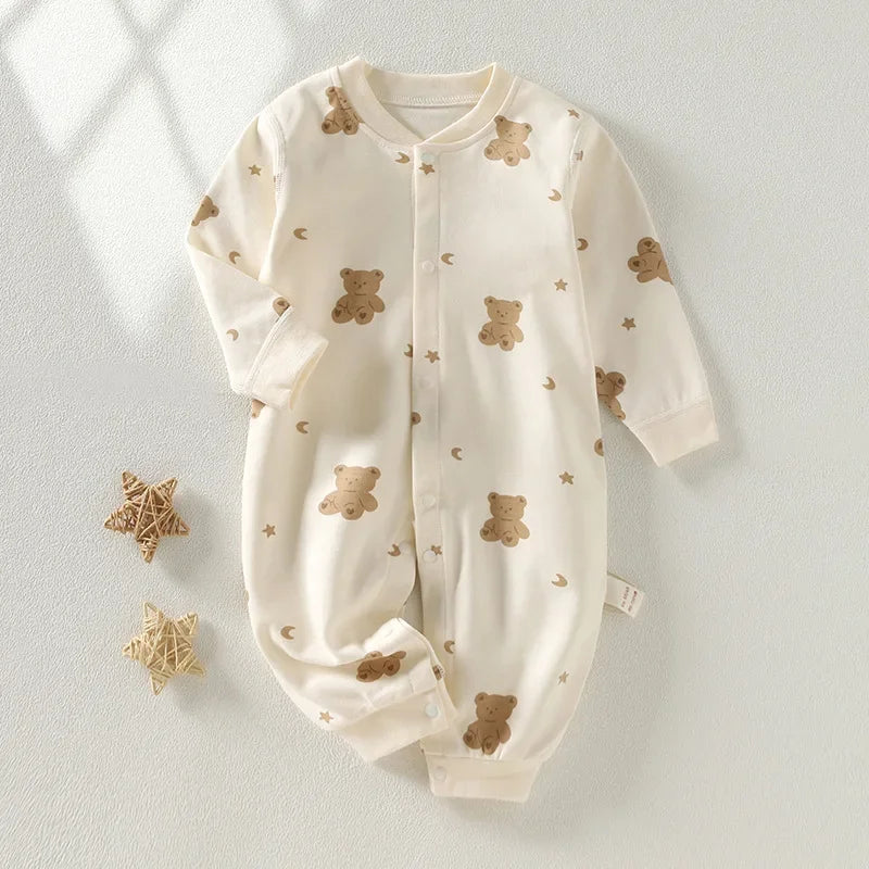 Long Sleeve Cotton Baby Romper with Front Snaps and Footless Cuffs, Animal Prints and Solid Colors for Boys and Girls, Sizes 59-90 cm