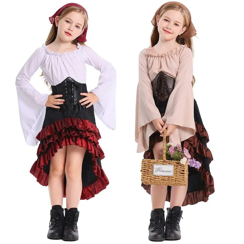 Girls Pirate Costume Set with Bell Sleeve Blouse, High-Low Skirt, Head Scarf and Lace-Up Waistband for Halloween and Dress-Up Parties