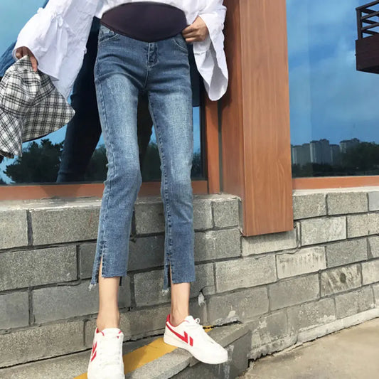 Maternity Denim Jeans with Over-Belly Panel, Blue Pregnancy Pants with Frayed Hem Styling, M-2XL Options for Everyday Casual Outfits