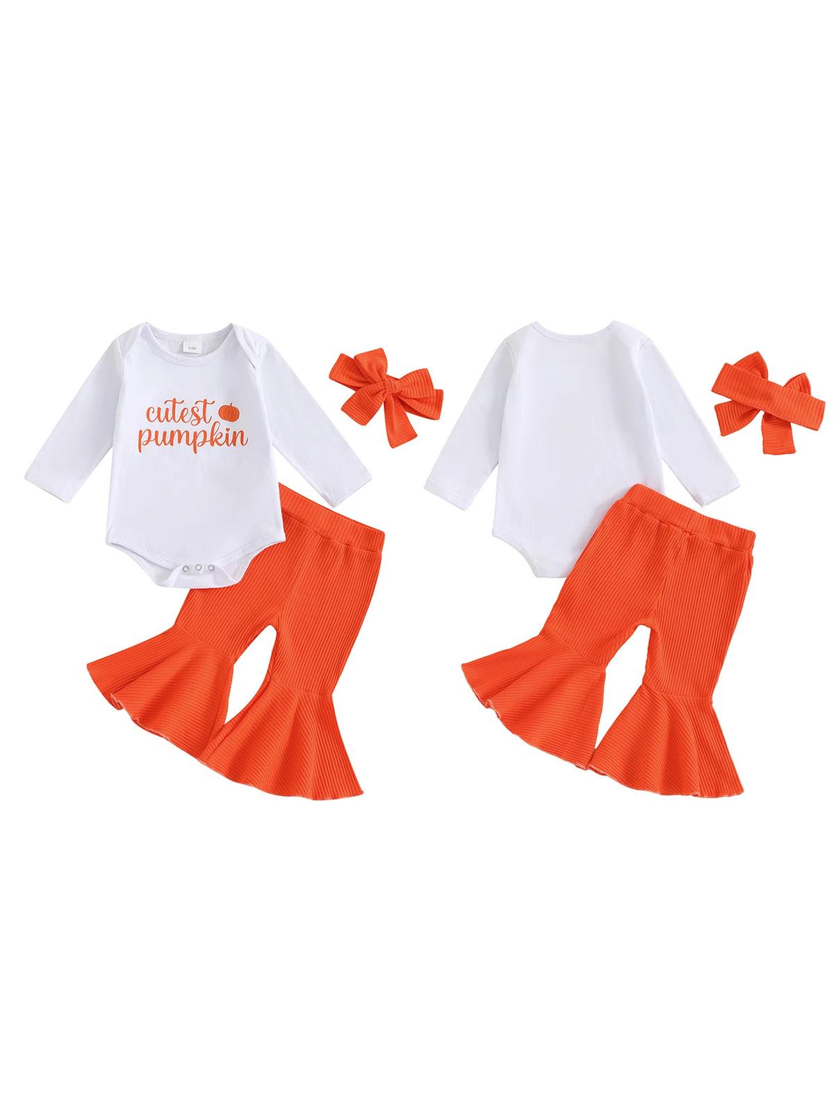 Baby Girl Pumpkin Outfit with Long Sleeve Bodysuit, Orange Ribbed Bell Bottom Pants and Bow Headband, Three-Piece Halloween Set for 0-18 Months
