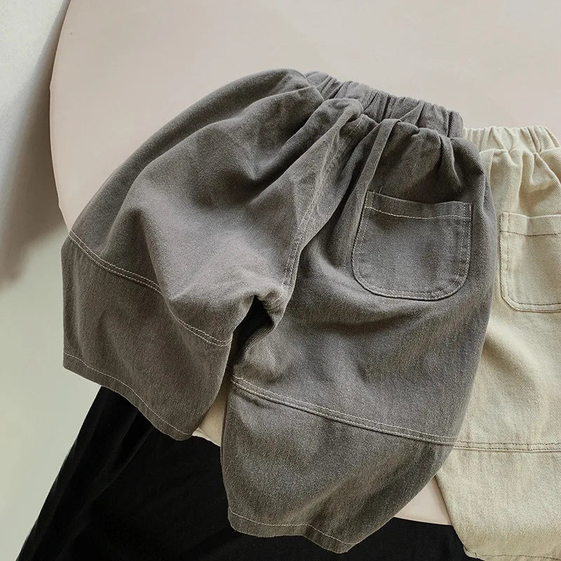 Toddler Wide Leg Pants with Elastic Waist and Stitched Patch Pockets, Apricot or Dark Gray Casual Harem Trousers for Boys and Girls, 12M–6T