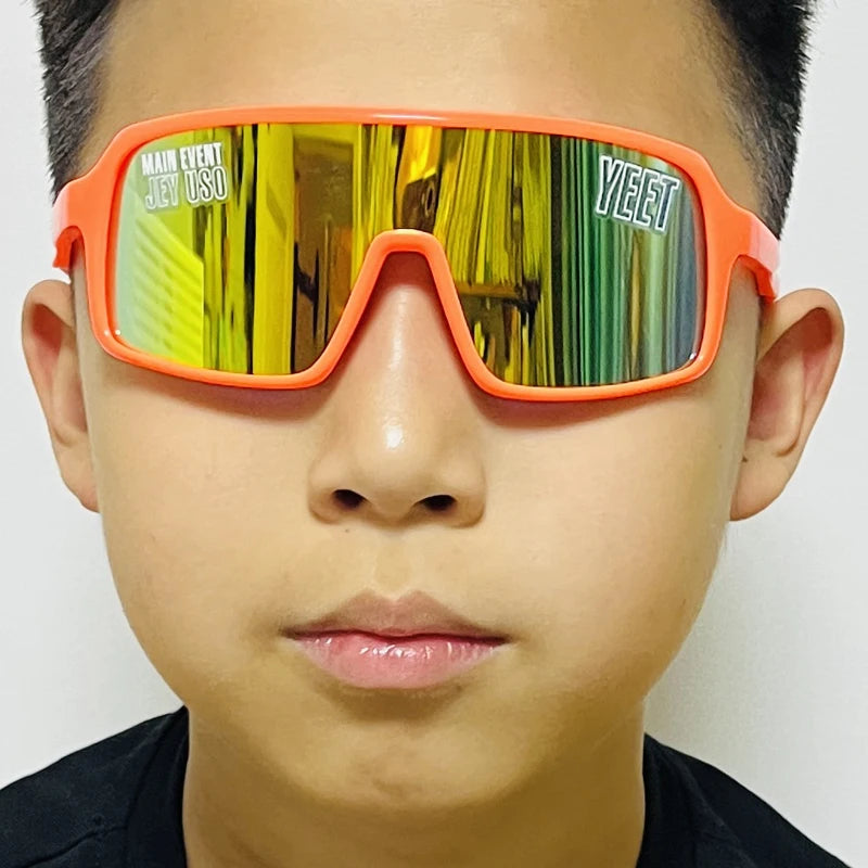 YEET Graphic Sunglasses with Jey Uso Main Event Lettering, Colorful Shield-Style Fan Shades in Children's and Adult Options for Party Outfits