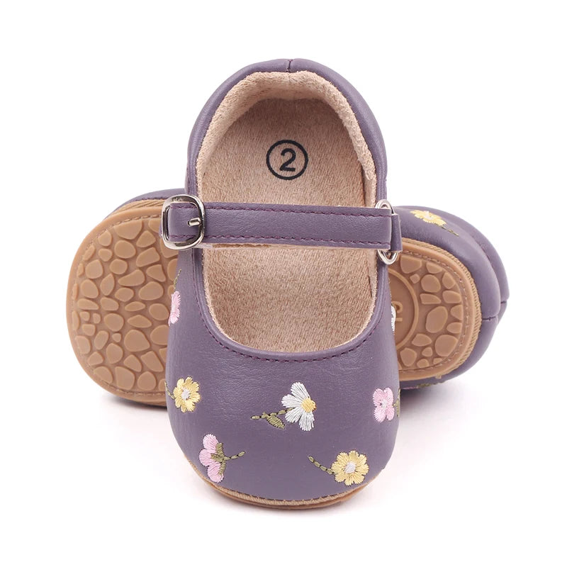 Baby Floral Mary Jane Shoes with Embroidered Flowers, Soft TPR Soles and PU Uppers in Beige Brown or Lavender for Dressy Outfits, Sizes 0-18 Months