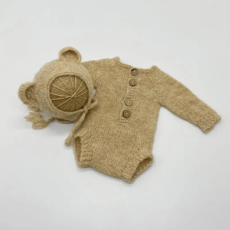 Newborn Bear Photography Outfit with Long Sleeve Knitted Romper and Bear Ear Bonnet, Optional Knit Toy for Baby Boys and Girls Portrait Sessions