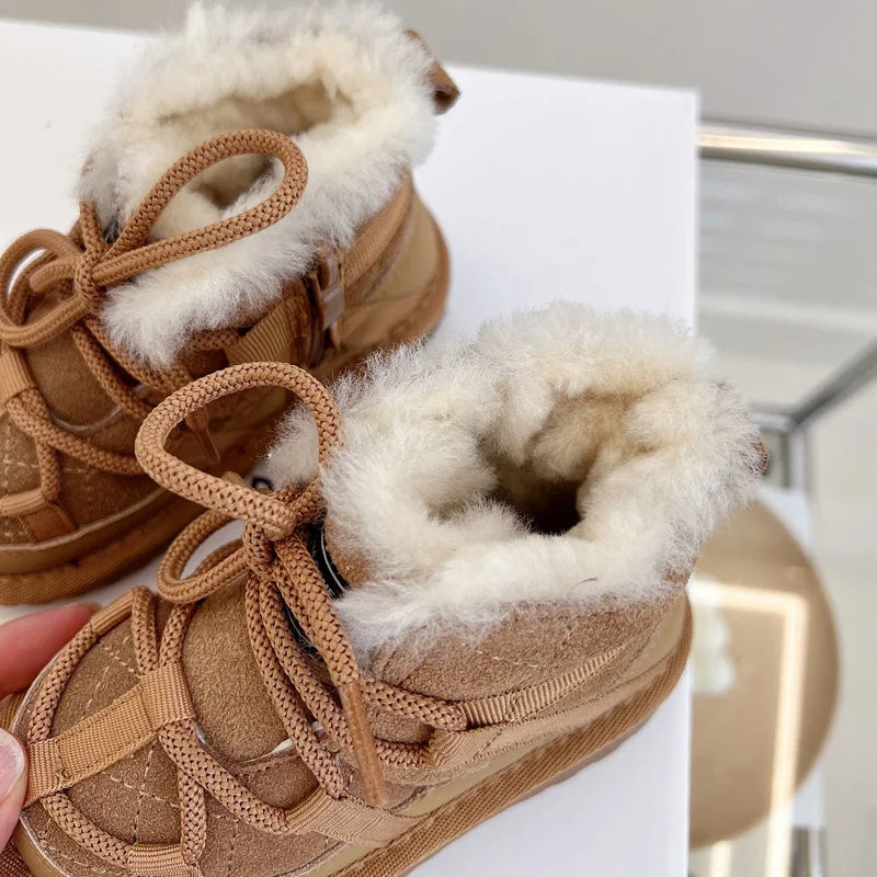 Plush-Lined Toddler Ankle Boots with Lace-Up Front and Side Zipper, Camel or Black Winter Shoes for Boys and Girls, Sizes 18-30