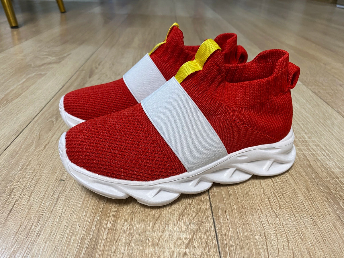 Sonic-Inspired Red Slip-On Shoes with White Band Detail and White Soles, Game-Themed Casual Footwear with Ring and Gem Options for Kids