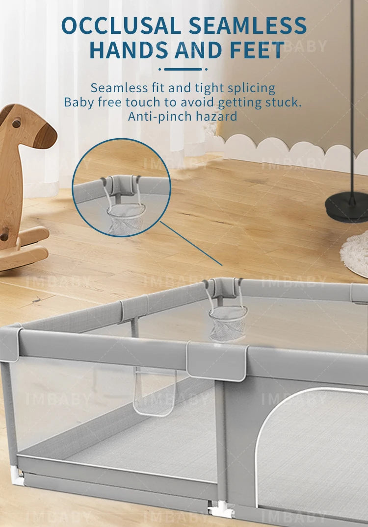 Baby Playpen with Pull Rings by IMBABY, Light Gray Mesh Activity Fence with Zippered Door and Multiple Size Options for Supervised Play