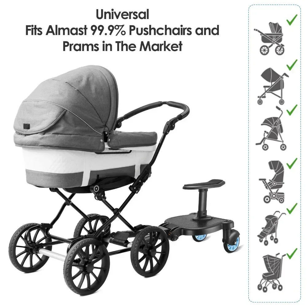 Stroller Ride-On Board with Detachable Seat, Sit or Stand Platform for a Second Child Ages 3-7, Single or Double Wheel Color Options