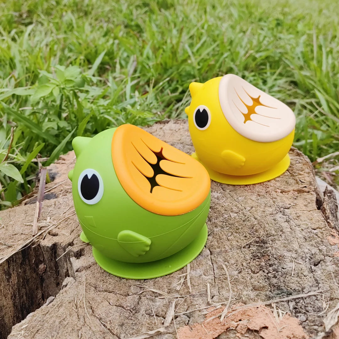 Dinosaur Silicone Suction Bowl with Slotted Snack Lid, Cartoon Baby Feeding Dish for Supervised Weaning Meals and Toddler Snacks