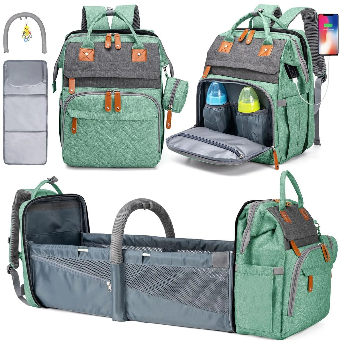 19-Pocket Diaper Backpack with Detachable Changing Station and USB Port, Baby Essentials Organizer with Pacifier Case for Moms and Dads