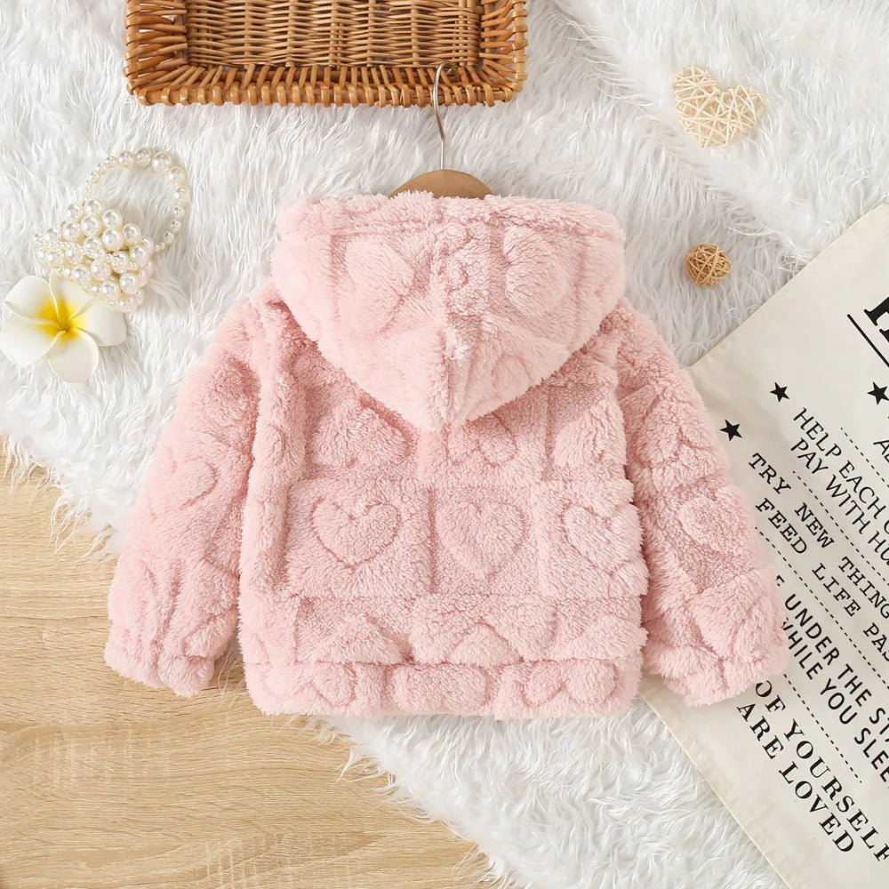 Baby Girl Fleece Zip-Up Jacket with Hood, Pink Heart or Bear Style Toddler Outerwear for Spring and Fall, Sizes 6-9M through 2-3Y