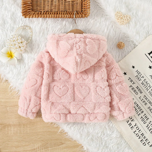 Baby Girl Fleece Zip-Up Jacket with Hood, Pink Heart or Bear Style Toddler Outerwear for Spring and Fall, Sizes 6-9M through 2-3Y