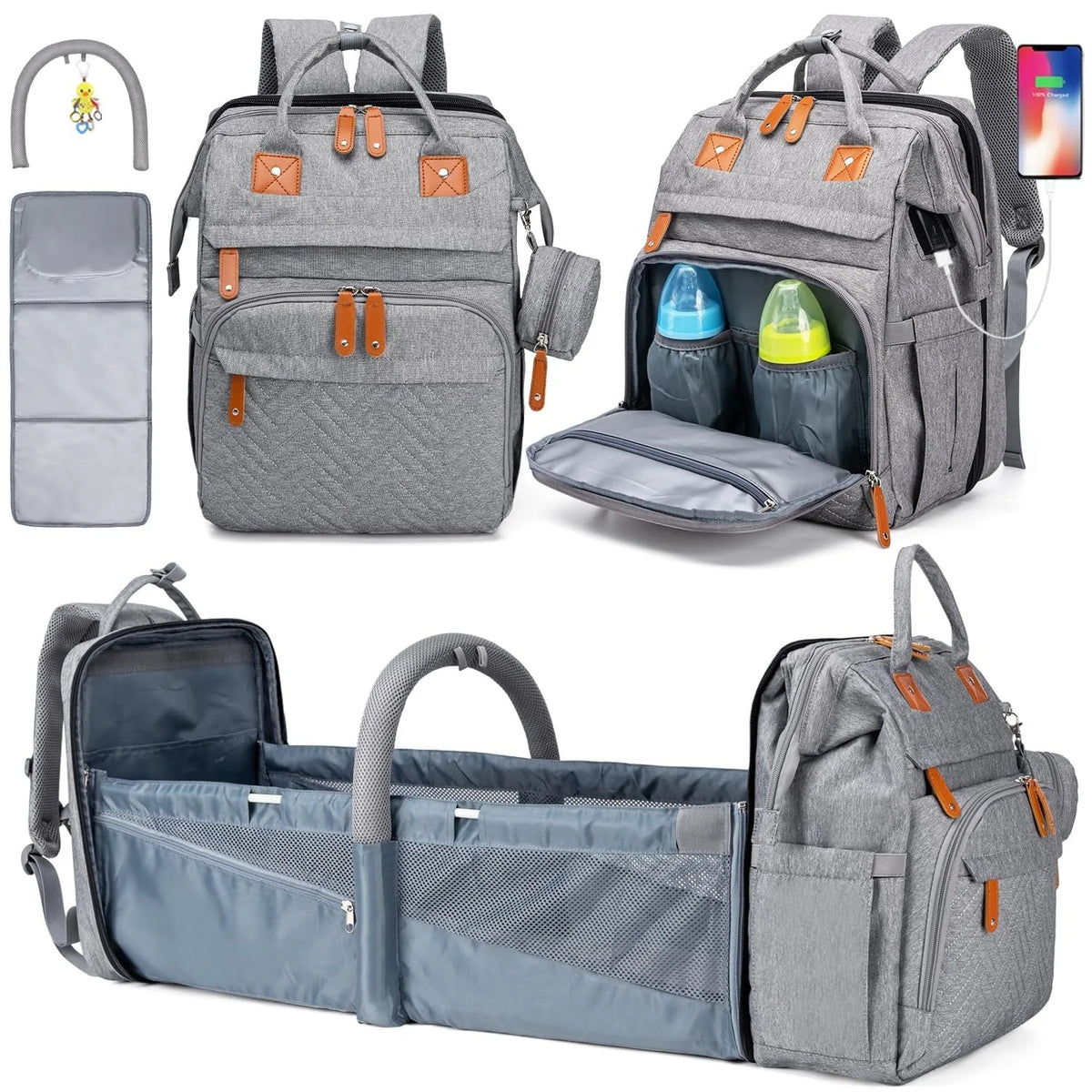 19-Pocket Diaper Backpack with Detachable Changing Station and USB Port, Baby Essentials Organizer with Pacifier Case for Moms and Dads