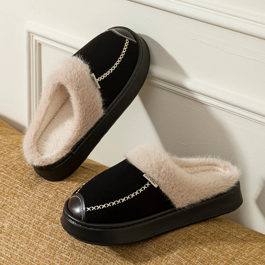 Plush Lined House Slippers with Thick Soles and Decorative Stitching, Cozy Slip-On Indoor Home Shoes in Brown, Beige or Black, Sizes 36-45