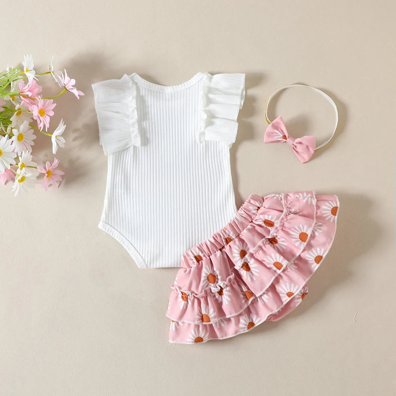 Infant Girls Summer Clothing Set with Ruffle Sleeve Ribbed Romper, Floral Bow Shorts and Matching Headband, 3-Piece Outfit for 0-24 Months
