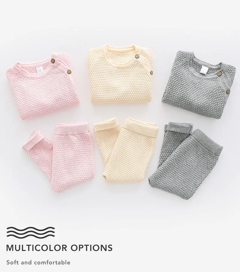 Baby Cotton Knit Sweater Set with Side Buttons and Matching Pants, Textured Two-Piece Outfit for Boys and Girls, Newborn to Toddler Sizes