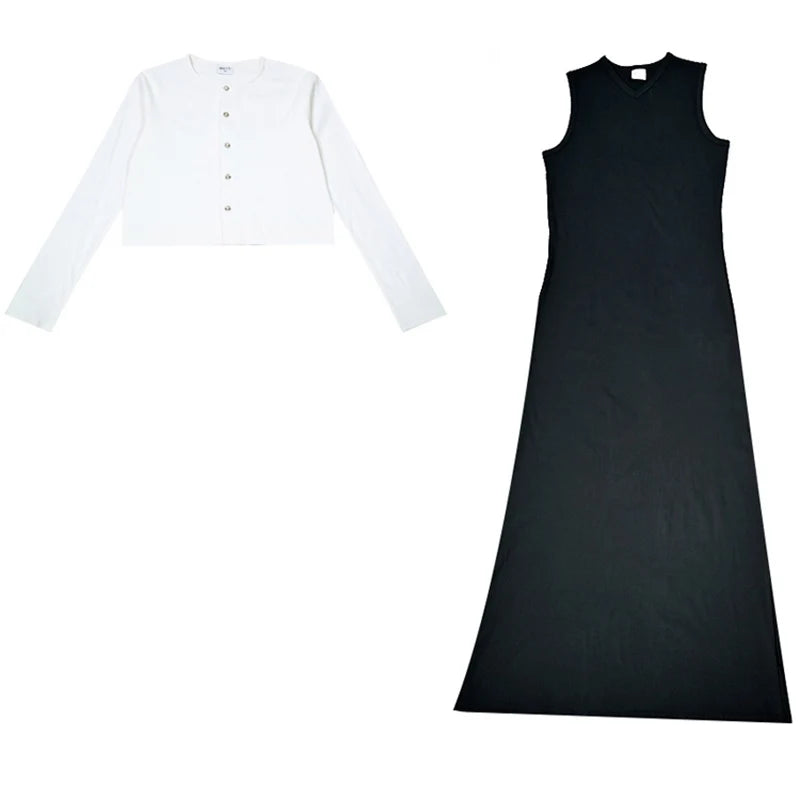 Women's Sleeveless Maxi Dress and Button-Front Cardigan Options, Black and Cream Layering Outfit for Everyday Wear, Ladies XS-3XL