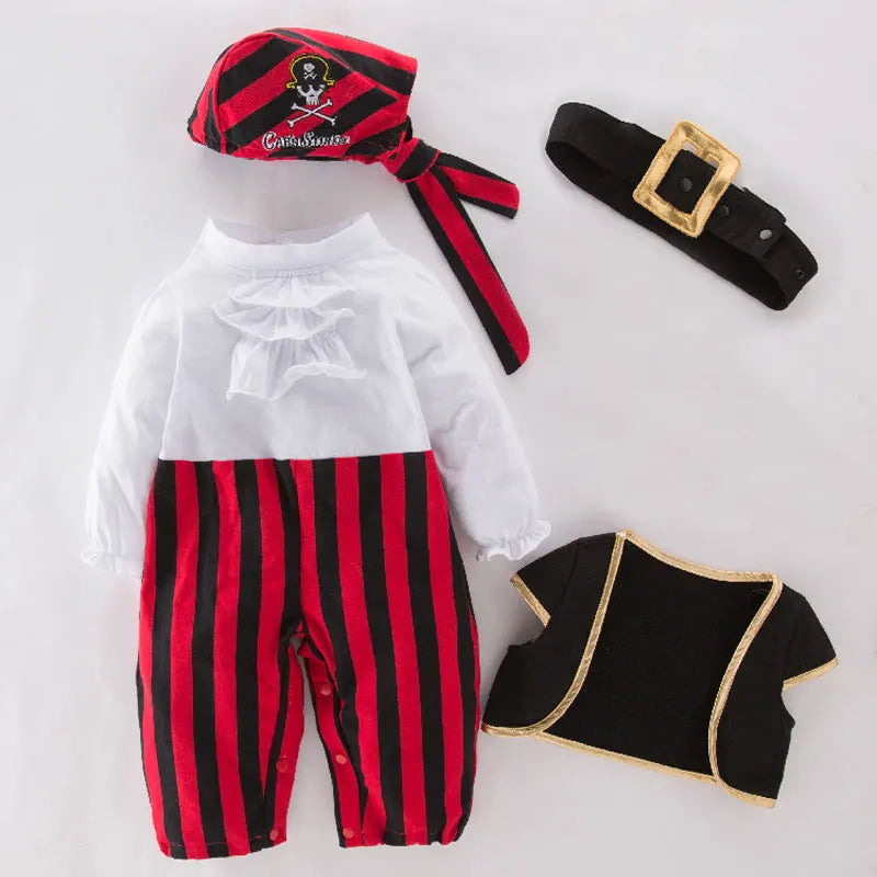 Infant Pirate Romper Costume Set with Vest, Head Scarf and Belt, Cotton Blend Red Stripe Outfit for Baby and Toddler Halloween Parties