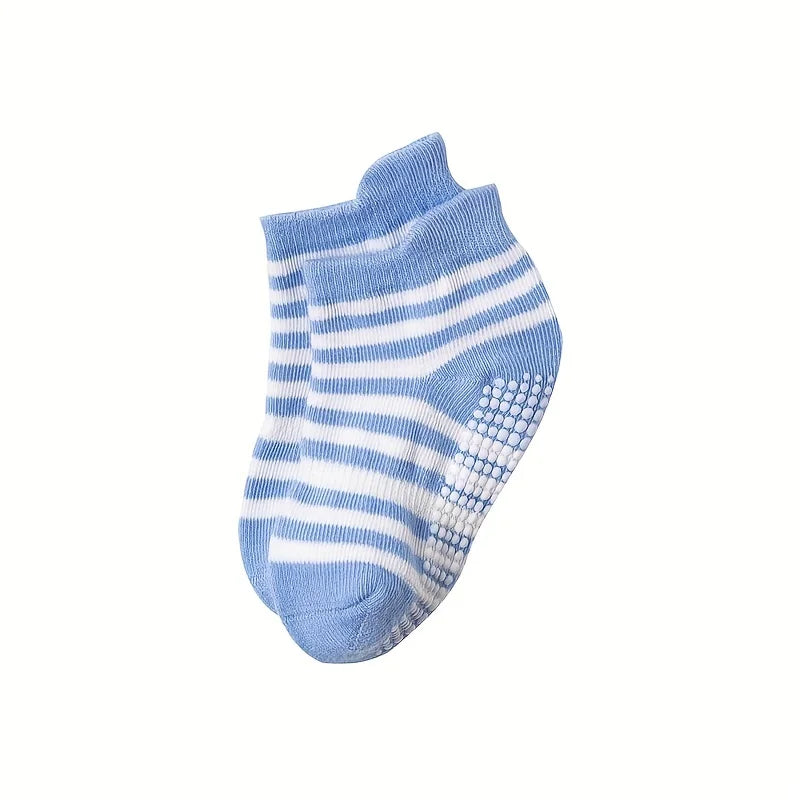 Toddler Grip Socks 6-Pair Set for Babies and Kids, Breathable Polyester Non-Slip Floor Socks in Solid and Striped Styles for Everyday Wear