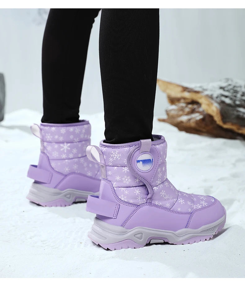 Snowflake Print Kids Winter Boots with Padded Shafts, Pull Tabs and Chunky Tread Soles, Pink Snow-Style Footwear for Boys and Girls