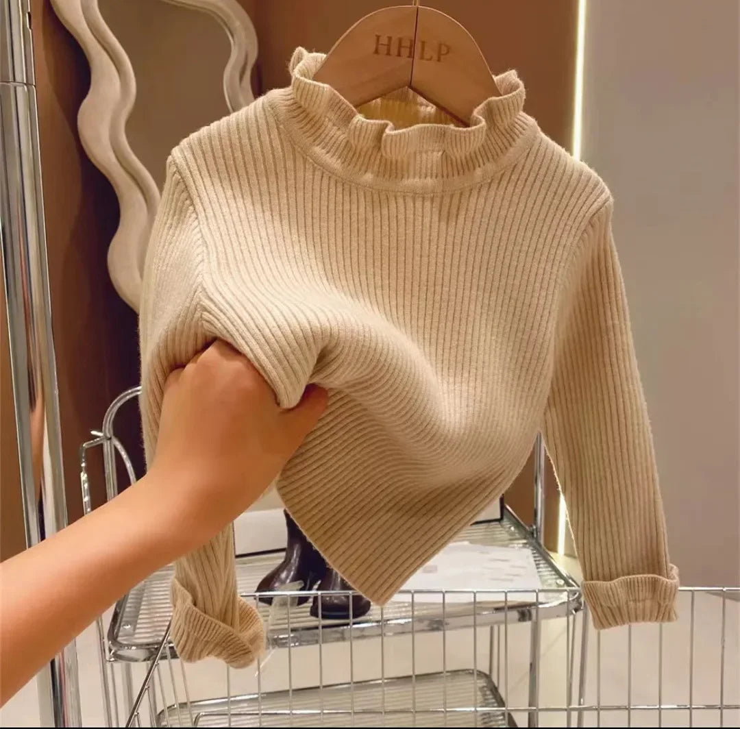 Toddler Lettuce Edge Sweater, Ribbed Knit Mock Neck Pullover with Long Sleeves for Boys and Girls, Six Solid Colors, Sizes 12-18M to 6-7Y