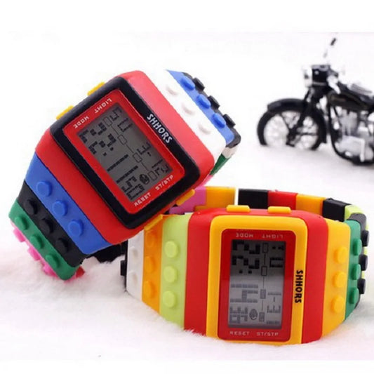 Colorful Link Digital Watch, Kids Block-Inspired Wristwatch with LED Backlight, Adjustable Plastic Band, Alarm, Calendar and Stopwatch for Daily Wear