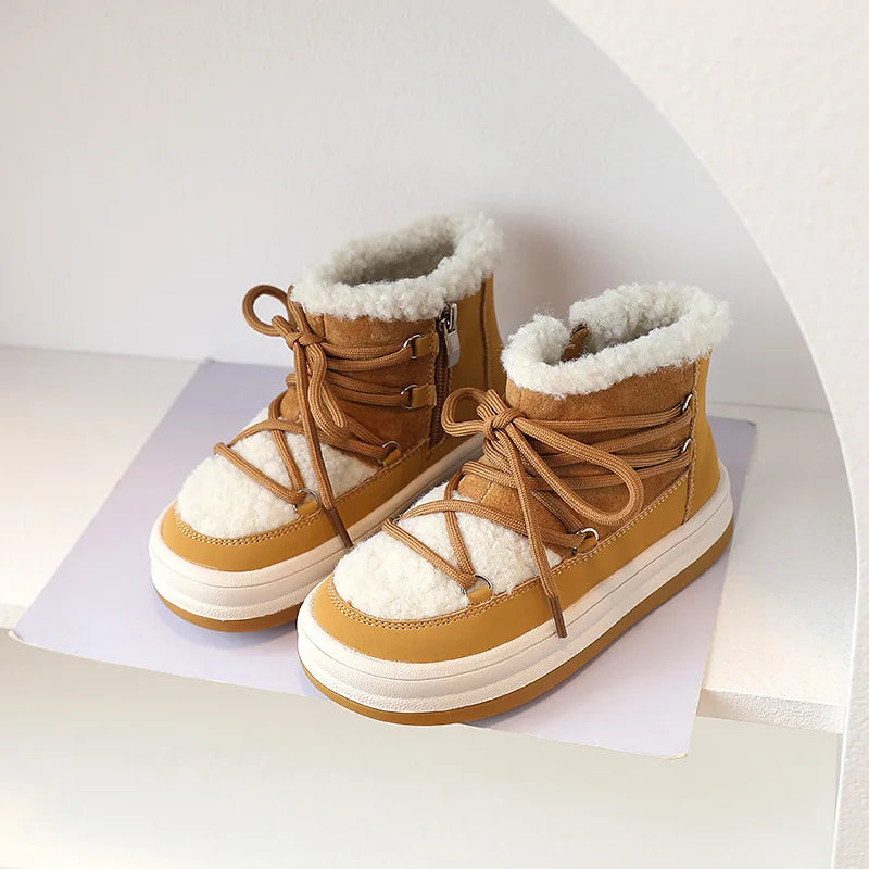 Toddler Fuzzy Trim Ankle Boots with Lace-Up Front and Side Zippers, Plush Winter Styling and Rubber Soles for Boys and Girls, Sizes 21–30