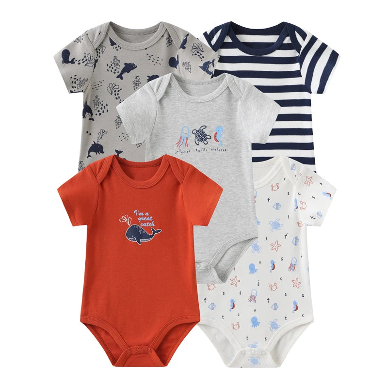 Baby Bodysuit Multipack with Cartoon Prints, Kiddiezoom 5 Short Sleeve One-Piece Outfits with Snap Closures for Boys and Girls, 3M-12M