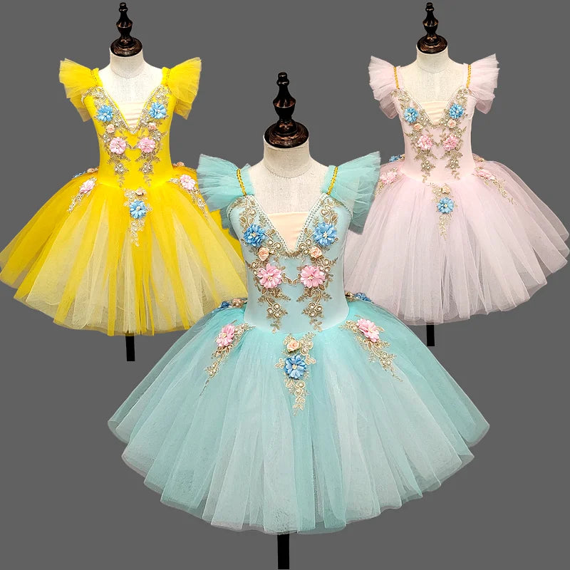 Floral Girls Ballet Tutu Dress with Ruffled Shoulders and Layered Skirt for Dance Recitals, Stage Performances and Group Costumes, Sizes 110-160