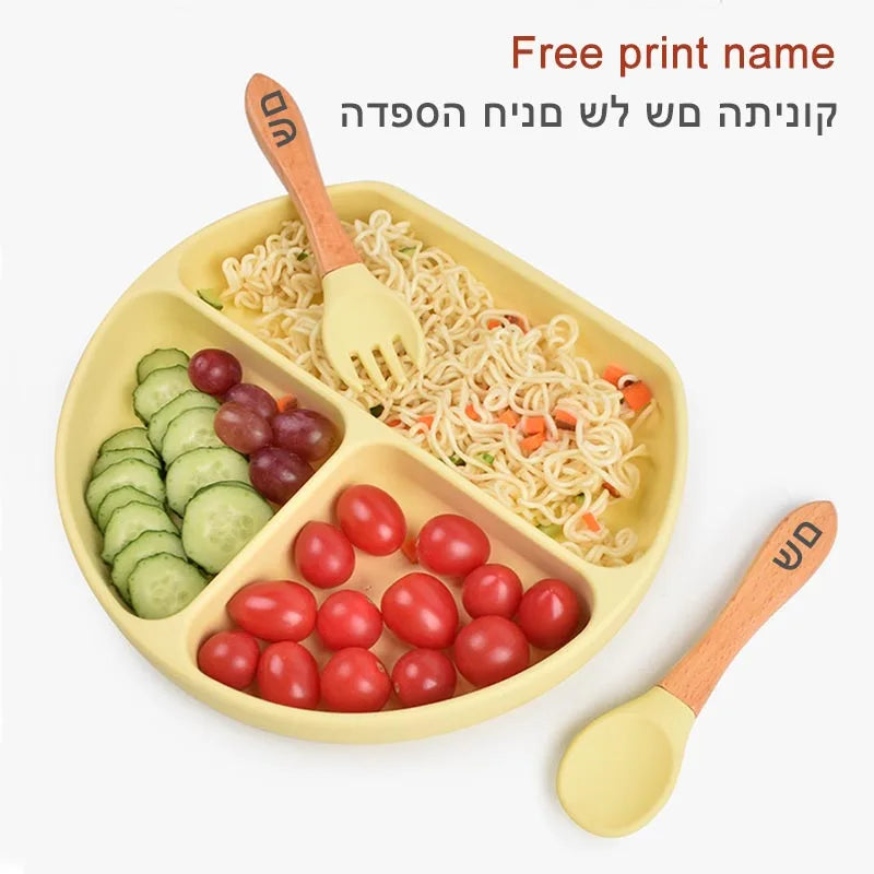 Personalized Baby Feeding Set with Silicone Suction Plate, Bowl, Spoon and Fork, 4-Piece or 6-Piece Tableware Options for Supervised Mealtimes
