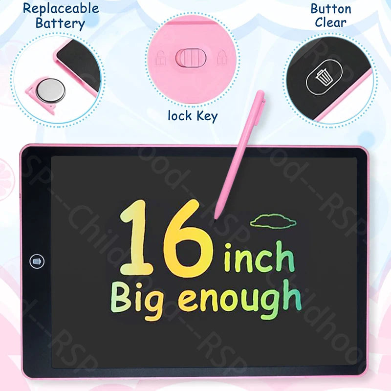 16-Inch Color LCD Drawing Board, Reusable Kids Writing Tablet with Erase Lock Switch and POM Stylus for Doodles, Letters and Number Practice