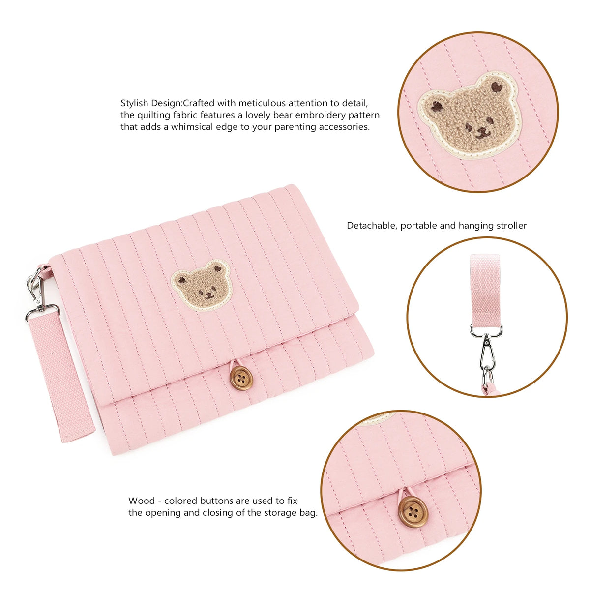 Hanging Diaper Organizer Bag with Foldable Design, Bear Detail and Wrist Strap for Baby Essentials, Everyday Outings and Family Travel