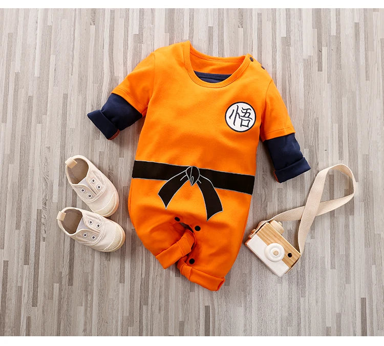 Orange Baby Romper with Training-Outfit Print, Contrast Long Sleeves and Snap Closures, Cotton One-Piece for Boys and Girls, Sizes 0-18M