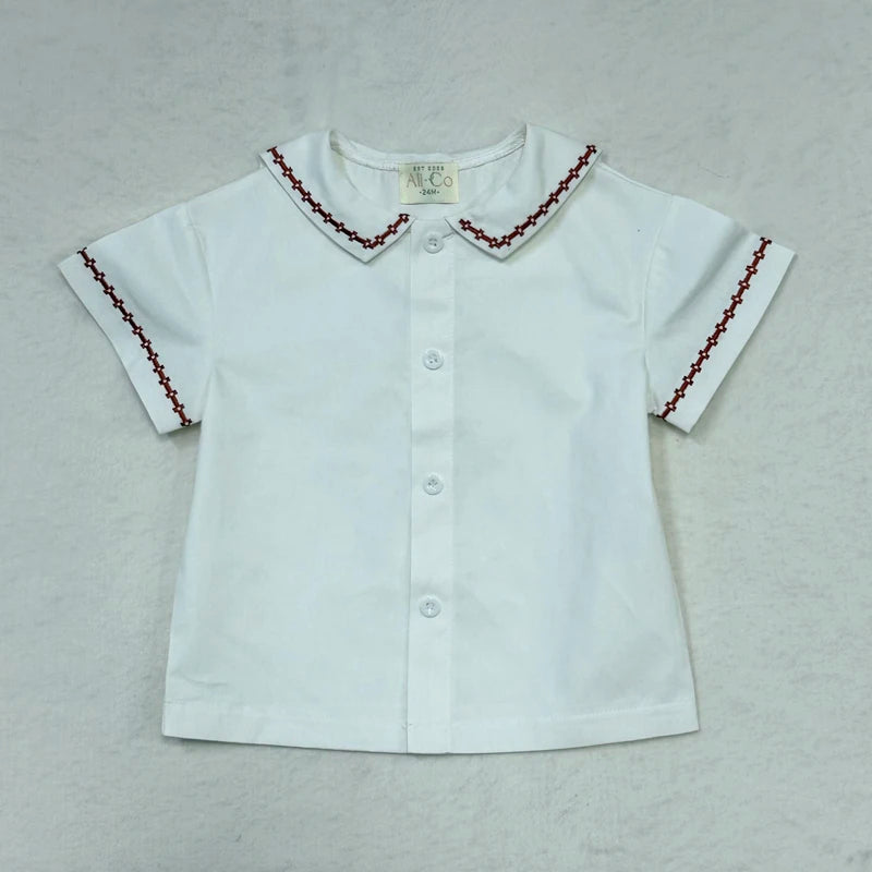 Matching Sibling Clothes with Classic Blue Trim, Shirts, Shorts, Overalls, Dresses and Cardigan Options for Baby Boys, Girls and Kids